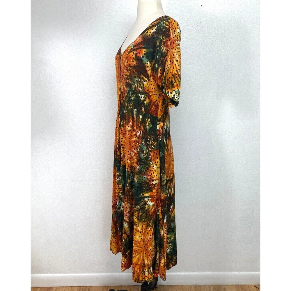 Vintage Womans Midi Dress Medium  Rayon Orange Tie-Dye Boho Peasant Y2K Festival